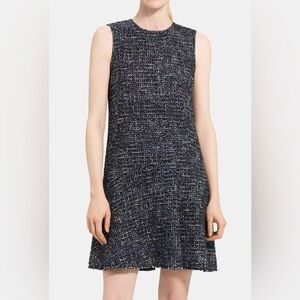 Theory Women's Asymmetrical Shift Blue & White Dress in Wool-Blend Tweed Size 4